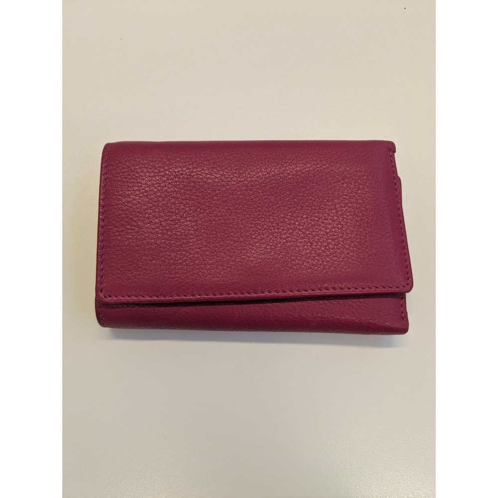 Magenta Pebbled Leather Trifold Wallet Berry Pink Compact Card Holder Zip Pocket